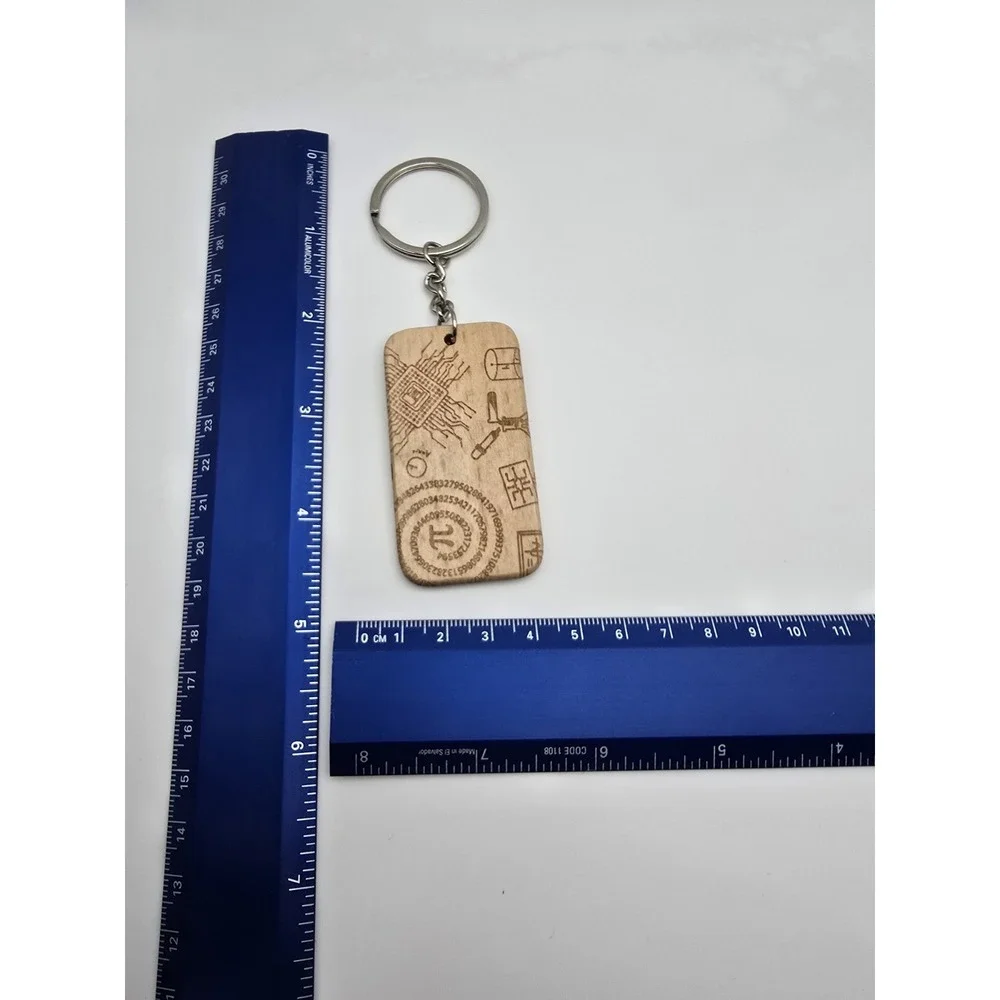 Wood Keychain Pi symbol (π) encircled by‎ a sequence of digits representing Pi